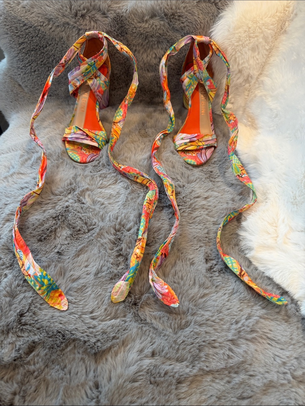 Gianni Bini Astraahh Multi Floral Ankle Tie Wrap Block Heel Sandals Shoes Sz 7.5